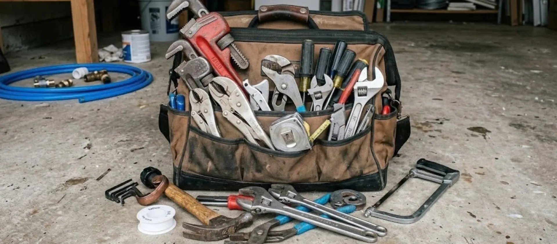 A plumber's tool bag with pipe wrenches and fittings on a workshop floor